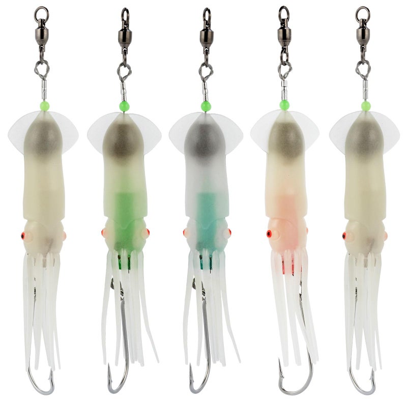 Dr.Fish Saltwater Squid Fishing Lures, 6" LED Lighted Lures 6/0 Hooks Squid Jig Rig Halibut Lincod Jig Offshore Trolling Baits Deep Drop Light Glow in Dark Mackerel Tuna Striper Mixed - Image 1